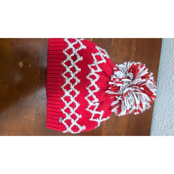 American Eagle Unisex Knit Winter Beanie Hat With Pom Pom Red & White Geometric - Picture 4 of 5